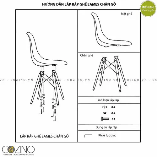 Lắp ráp ghế CZN-Eames màu hồng chân gỗ