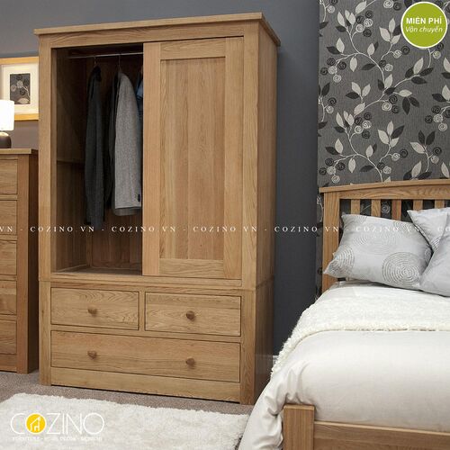 Tủ quần áo cửa lùa hai cánh 3 ngăn kéo Torino gỗ sồi 1m2 xuất khẩu