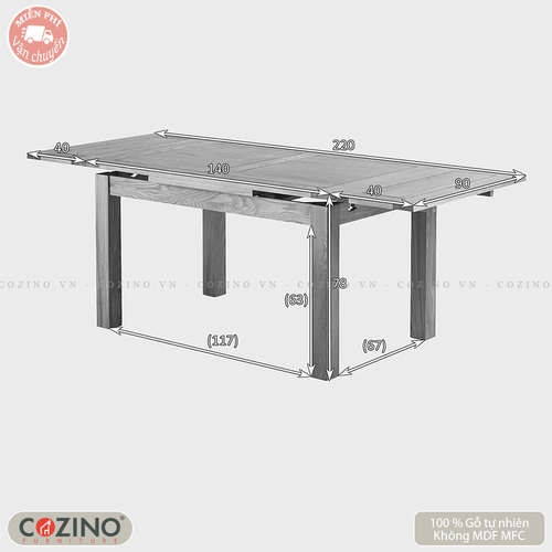 Bàn ăn mở rộng 2 đầu Capri gỗ sồi (180 lên 220cm)- đẹp, giá rẻ tại hcm và hà nội