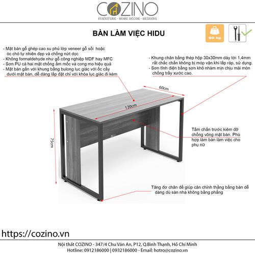 Bàn làm việc CZN-Hidu mặt gỗ tự nhiên sơn đen, chân thép- đẹp, giá rẻ tại hcm và hà nội