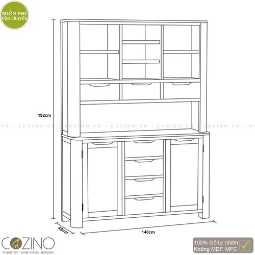 Tủ bếp lớn Emley gỗ sồi Mỹ 1m4- đẹp, giá rẻ tại hcm và hà nội