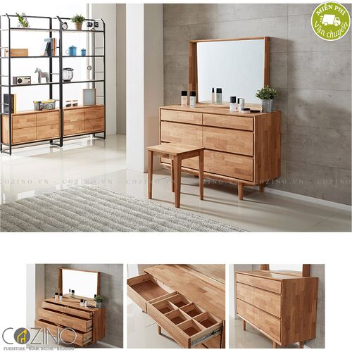 Tủ 6 ngăn kéo 3 tầng có gương trang điểm Calla gỗ cao su- đẹp, giá rẻ tại hcm và hà nội