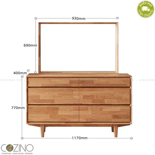 Tủ 6 ngăn kéo 3 tầng có gương trang điểm Calla gỗ cao su- đẹp, giá rẻ tại hcm và hà nội
