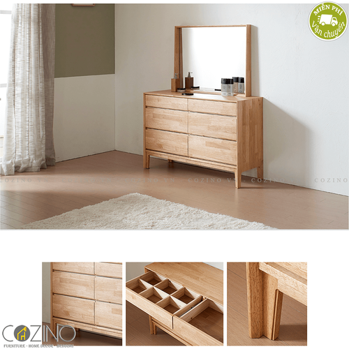 Tủ 6 ngăn kéo 3 tầng kèm gương trang điểm Poppy gỗ cao su- đẹp, giá rẻ tại hcm và hà nội
