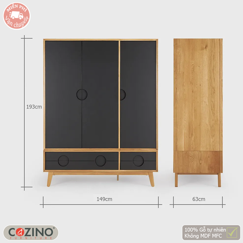 Tủ quần áo Spot 3 cánh 2 ngăn kéo gỗ sồi (nhiều kích thước)- đẹp, giá rẻ tại hcm và hà nội