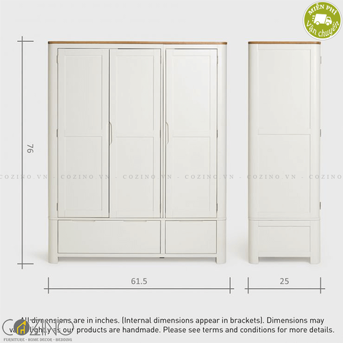 Tủ quần áo Hove 3 cánh 2 ngăn kéo gỗ sồi 1m4 (nhiều kích thước)- đẹp, giá rẻ tại hcm và hà nội